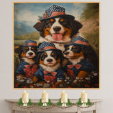 Patriotic Bernese Mountain Dog Mother and Three Puppies in Stars and Stripes Hats with a Scenic Mountain Background on Ready to Hang 1.5" Thick Canvas Wrap, Floating Framed Canvas, Flat Rolled Canvas